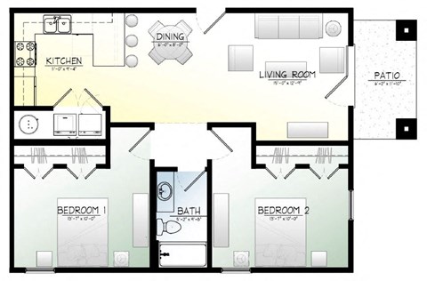 Floor plan for 2 beds, 1 bath, 884 sqft